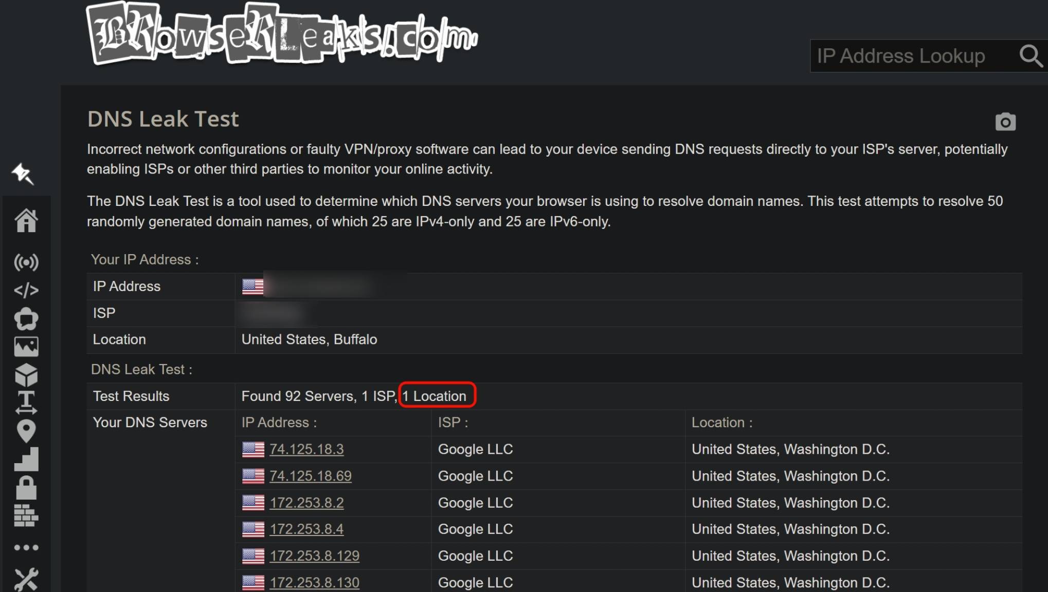 DNS leak test result