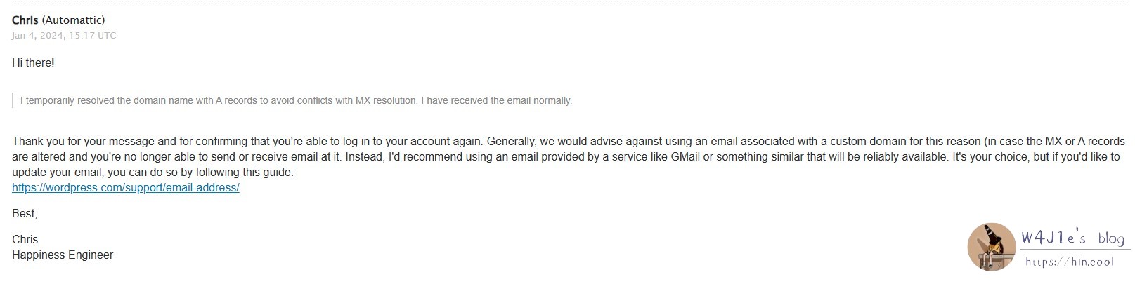 After telling WordPress that I had temporarily switched to an A record