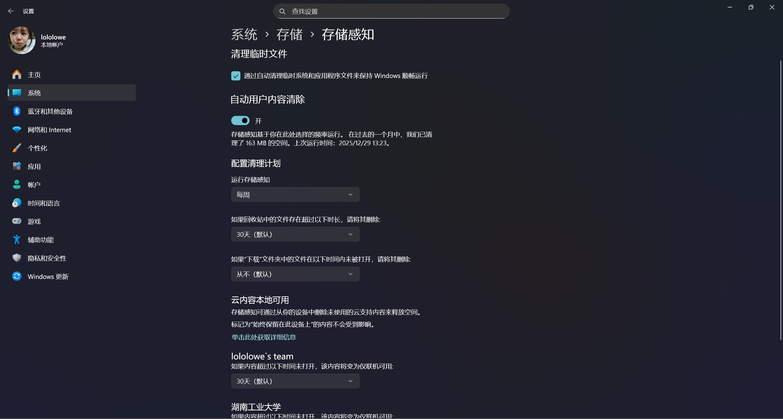 Storage Sense settings